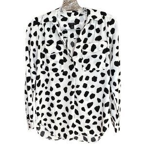 Ann Taylor Long Sleeve Split Neck Blouse Animal Print Black & White XXSP